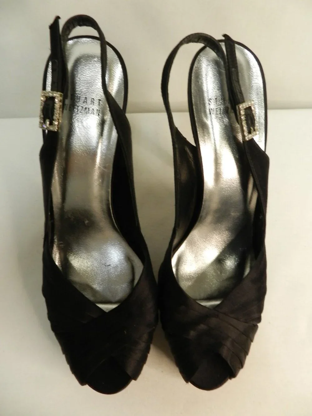 Stuart Weitzman Satin Leather Crystal Buckle black slingback peep toe heels 9.5